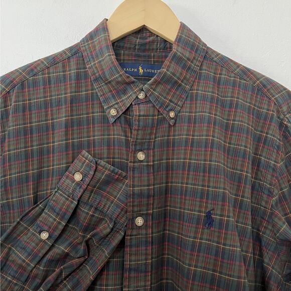 Ralph Lauren Mens Plaid Button Up Shirt Size L Green Country Equestrian Ranch - Picture 1 of 8